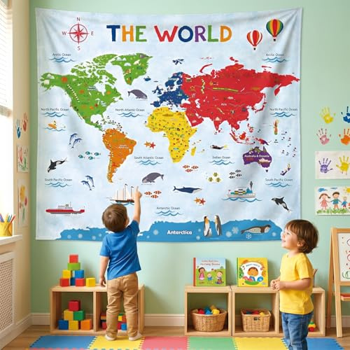 DECOWALL TP-009 Große Weltkarte Tapisserie Kinder Pädagogische Wandteppiche Wandbehang für Schlafzimmer Wohnzimmer Wohnheim Kunst Wohnkultur Polyester 150 x 130 cm