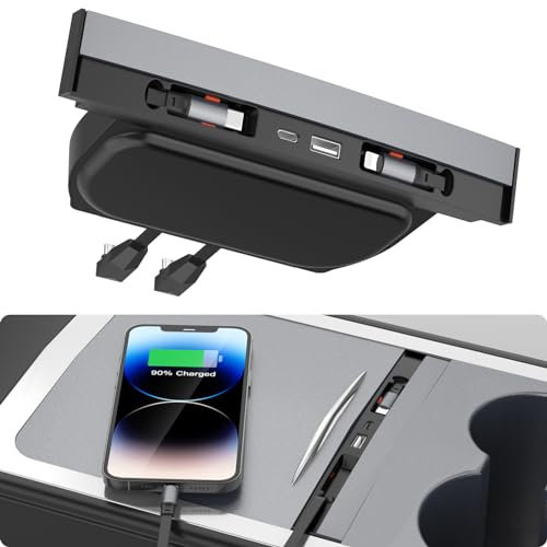 Retractable Center Console USB Hub for Tesla Model 3 Model Y, THELIFELICIOUS Tesla Interior Accessories Central Control Docking Station with Fast Charging Cables