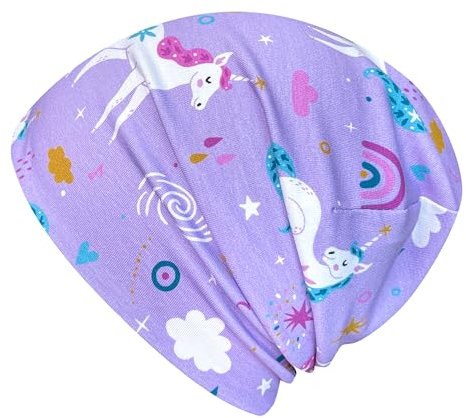 Wollhuhn ÖKO Jungen/Mädchen Bequeme Weiche Long Beanie/Mütze/Beanie-Mütze/Strickmütze/Kindermütze Jersey Gefüttert Übergangszeiten (Öko-Stoffe/Bio) 20220601 (LB Einhörner Flieder, M)