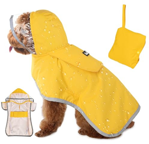 Eyein Wasserdichter Hunderegenmantel, Regenmantel für Kleiner Hunde mit Kapuze und weichem Futter, Verstellbare Hunderegenjacke mit reflektierenden Streifen, Winddicht und leicht, Gelb, XS
