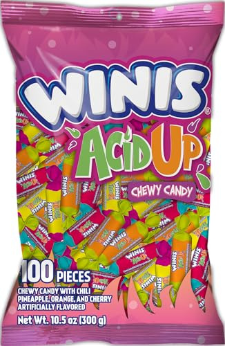 Sour & Spicy Chewy Candy – Winis Sour Taffy Chewy Candies | Halloween-Sauer und würzige Fruchtkaubonbons – Aromen Ananas, Orange und Kirsche | Teilgröße 297 ml Beutel – 100 Stück