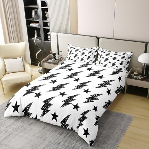richhome Jungen Mädchen Spiele Bettwäsche Set Flash Bettbezug Set Abstrakte Blitzschlag Tröster Abdeckung Set Schwarzer weißer Stern Bettbezug Schlafzimmer Quilt Cover 155×220 100% Baumwolle