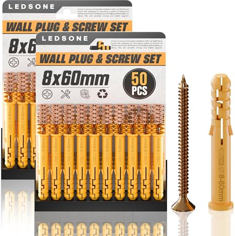 LEDSone 8 x 60 mm Screws and Wall Plugs Set 50 x 2 Pack Masonry Brick Concrete Fixings Plugs Assortment Kit Plugs and Screws in Compartment Box Zinc Galvanized 3 Different Size