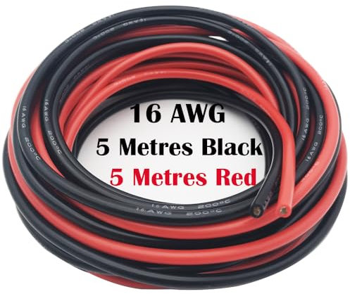 Cable de Silicona, Cable de Batería Dujelixa (5 Metros Negro y 5 Metros Rojo), 16 AWG Cable Eléctrico Flexible de 1,27 mm², para Cableado de Equipos Electrónicos, Drones, Baterías de Aviones, etc.