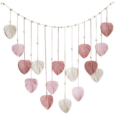 Makramee Wandbehang Boho Deko,Handgemacht Wohnungs Dekorationen,Makramee Wandteppich Gewebte Wandbehang Blatt Feder Wanddeko,Chic Gewebte Baumwolle mit Holzperlen und Blätter für Wohnzimmer (Rosa)