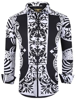 Premiere Mens Designer Fashion Silky Dress Shirt Long Sleeve Casual Shirt Woven Button Up Long Sleeve Button Down Shirt, 761-black White, XL