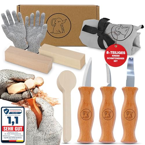 Eli® Schnitzmesser Kinder Set ab 6 Jahre - hochwertiges Kindermesser Schnitzset inkl. schnittfeste Handschuhe - Kinderschnitzmesser - Schnitzwerkzeug - Outdoor Messer