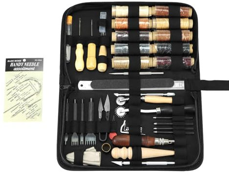 QWORK® 52 Stück Leder Nähset, Leder Werkzeug Set mit 10 Farben Gewachstem Faden, Krappenstanzwerkzeugen, Nähnadeln, Druckzahnwerkzeug und mehr für Lederbearbeitung