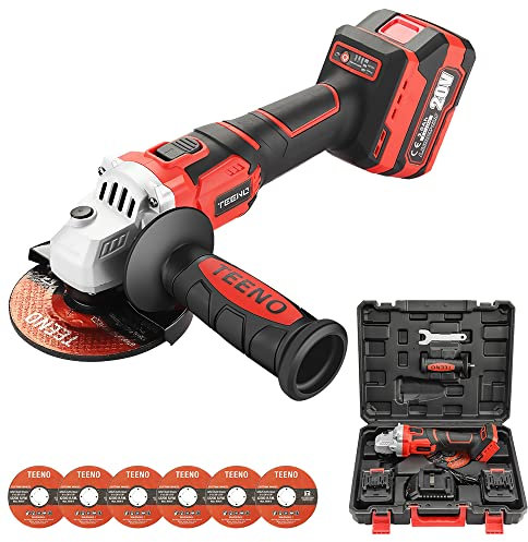 TEENO Cordless Angle Grinder 21V, No Load Speed 9800 RPM (Grinding/Cutting Disc Diameter: 125 mm), Incl. 2 x 3.0Ah Batteries, 2-Position Adjustable Auxiliary Handle