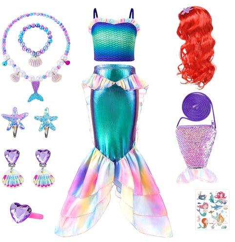 YYDSXK Deguisement Sirène Fille, Déguisement Ariel la Petite Sirène avec Perruque de Sirène Ariel, Robe Princesse Fille, Robe de Princesse Costume Sirene pour Anniversaire Cosplay Carnaval (120)