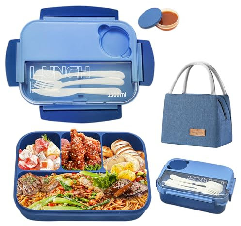 Resszo Lunch Box Kit, Bento Lunch Box Enfant Adulte Boîte 1300ml avec 4 Compartiments, Anti-Fuite Lunchbox avec Couverts & Sac à Lunch,pour Adultes Enfants Travail Scolaire