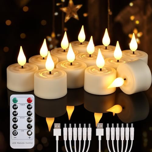 Cibnew Wiederaufladbare Aufladbare LED Teelichter mit Timer Fernbedienung Flackern USB-Kabel Elektrische Wiederaufladbare Kerzen,Dimmbar Weihnachten Party Deko (12 Stück Beige)