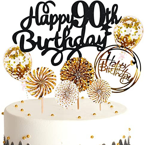Ouceanwin Kuchendeko 90. Geburtstag Mann Frau, Glitter Tortendeko Geburtstag 90 Männer Kuchen Topper 90 Geburtstag Deko Cake Topper Happy Birthday Schwarz Gold für 90 Jahre Frau Geburtstagstorte Deko