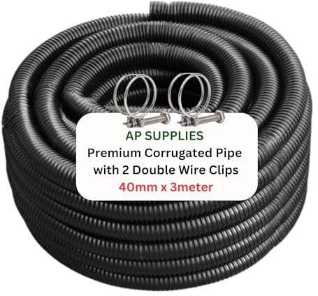 40mm x 3meter Flexible Pond Hose Corrugated Pipe with 2 Clips - Double-Wired Hose Clips for Pond Pumps, Filters, Drainage – Corrugated Water Butt Connector Pipe - Black