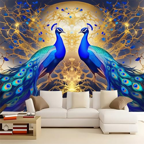 Papier Peint 250 x 175 cm Panoramique Decoration Murale, Salon Personnalisé Chambre Decoration Paon Animal De Luxe Motif Murale Moderne Or, Bleu Papier Peint intissé
