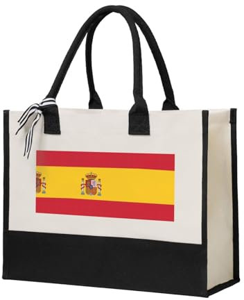 JIUTY Bolsa de lona con diseño de bandera de España, bolsa de compras personalizada para mujer, regalo de cumpleaños, beige, Talla única