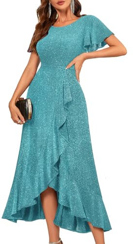 Berylove Cocktailkleid Damen Glitzer Kleid Damen Kleid Hochzeitsgast Damen Abendkleider Elegant Für Hochzeit Vokuhila Kleid BLS007 Light Blue XL