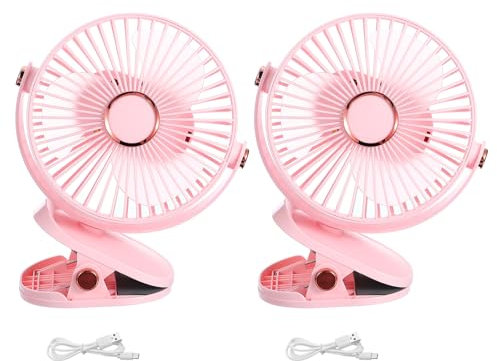 PATIKIL Portable Desk Fan, 2Pcs Camping Fan 6 Inch with LED Light 5 Speeds Strong Airflow Sturdy Clamp Quiet Rechargeable Battery Powered for Tent Camping, Home and Office, Pink