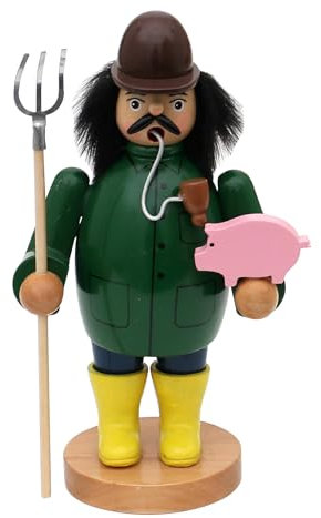 Dekohelden24 Holz Rauchfigur, Räucherfigur, Räuchermännchen, Räuchermann als Bauer/Landwirt mit gelben Gummistiefel, Mistgabel und Schwein in der Hand in grün, L/B/H 10 x 8 x 20 cm.