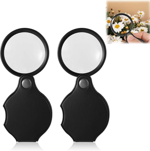 2 Stück Taschenlupe Klein Lupe Schlüsselanhänger 10-fach Taschenlupe Faltbare Leselupe Kleines Optisches Glas mit Lederschutzhülle für Lesen Bücher Zeitungen Landkarten Schmuck