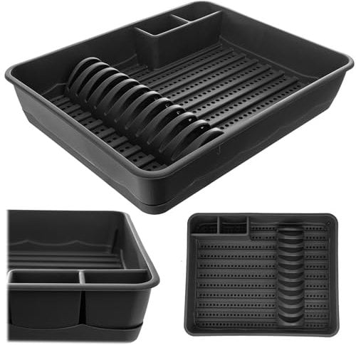 KADAX Geschirrabtropfer aus Kunststoff, Abtropfgestell mit Besteckkorb, Geschirrkorb, 44.5 x 35.5 x 8 cm, Abtropfschale, Geschirrständer, Geschirrablage für Teller, Gläser, Besteck (Grau)