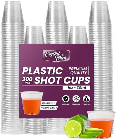 Crystal Touch 1oz Shot Glass - 300 Disposable Plastic Cups in Crystal Clear - Durable Dessert and Tasting Cups for Birthday, Wedding, Anniversary Party