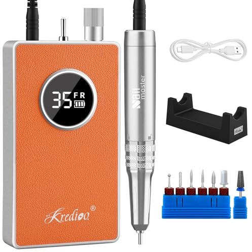 Kredioo Nail Drill - Upgraded Coreless Motor - for Acrylic Gel / Prep Nails | Low Vibration, 35000RPM Professional Polishing Shapes Tools, 2000mAh, 12h Runtime, 7 Pcs Drill Bits, Beginner, Salon, Orange