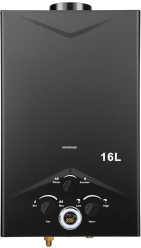 Calentador de agua de gas, 16 L de propano con encendido por batería, calentador de agua sin depósito, con pantalla digital, multiprotección [clase energética A]