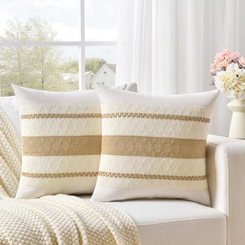 FDTERN 2er Set Boho Kissenbezug 40x40 Khaki,Dekorative Leinen Kissenbezüge Kissenhülle Dekokissenbezug Sofakissen Dekokissen Deko für Sofa Schlafzimmer Wohnzimmer