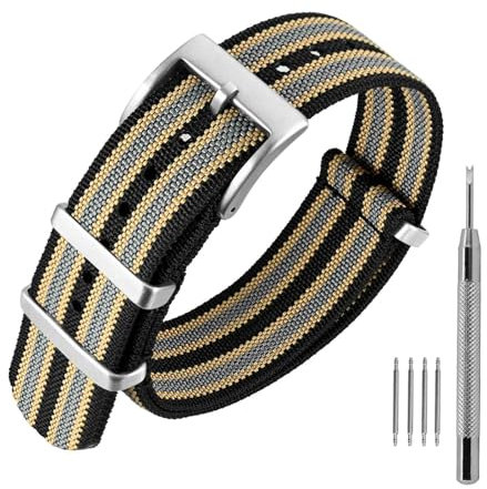 ANNEFIT Nylon Uhrenarmbänder 20mm mit Edelstahl Metall Schließe, Sport Atmungsaktive Ersatzarmband (Schwarz/Khaki/Grau)
