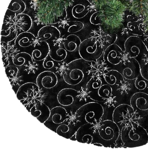 CITÉTOILE Jupe de Sapin de Noël en Fausse Fourrure Argenté avec Paillettes Flocons de Neige Cache-Pied Décoratif Rond pour Arbre de Noël Tapis de Décoration Festif Neige, Noir, S