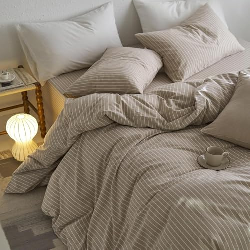 Sedefen Bettwäsche 220x240 cm Baumwolle Gestreift Khaki Weiß,Leinenoptik | Oeko-TEX zertifizierte,Baumwollbettwäsche,Renforce Bettwäsche für Allergiker,Bettbezug mit Reißverschluss 2 Kissenbezug 80x80