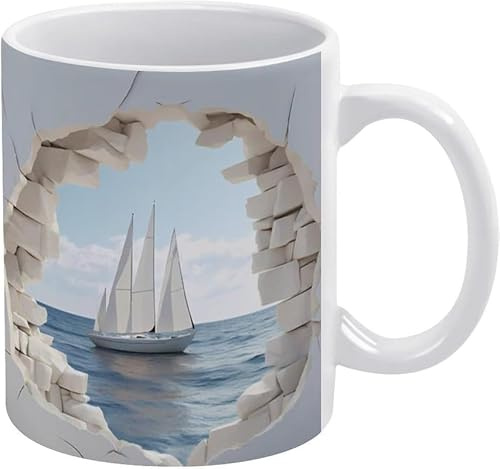 Anceky 3D-Keramiktasse mit Yacht- -Segelmotiv, Loch in einer Wand, 3D-Kaffeetasse mit Yacht- -Motiv, lustiger Geburtstagsbecher für Familie, Freunde, Kollegen, Männer und Frauen, 325 ml