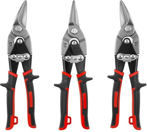 3 Stück Blechscheren Set (Gerader + Links + Rechts) 250mm Trockenbau Blechschere mit Doppelhebel, Sicherheitsverriegelung Metall Schneidwerkzeug für Blech, Aluminium, Leder, Kupfer