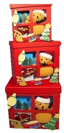 Weihnachtliche Geschenkboxen Set, 3 Stapelbare Kartons mit Sichtfenster, 11/14/16 cm, Rot mit Festlicher Dekoration
