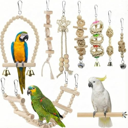 Gykutix 9 Pezzi Giochi per Pappagalli, Giocattoli per Pappagalli in Legno Naturale, con Altalena, Scala e Campanella, per Parrocchetti, Cockatiel, Conure, Inseparabili, Fringuelli