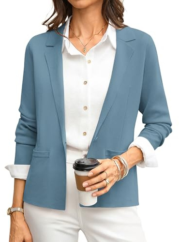 GRACE KARIN Women Blue Sweater Blazer Knit Suit Jackets Short Blazers for Women Business Casual Dressy Spring Outfits M