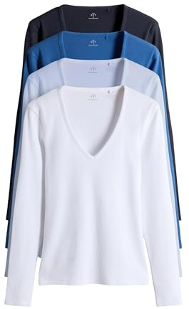 THE SET Damen t Langärmelige gerippte Tops mit tiefem V-Ausschnitt, 4er-Pack Navy/Blue/Light Blue/White XL
