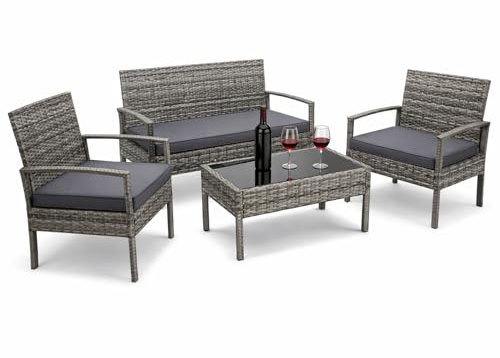 Minifactory 4-Piece Weatherproof Polyrattan Garden Furniture Set, Compact Outdoor Patio Seating Group with 2 Armchairs, Bench, Table & 3 Cushions, Rattan Sofa Set for Garden, Balcony (Black)