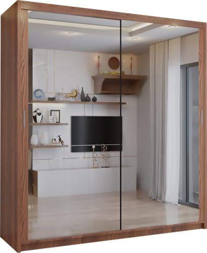 SLIDING WARDROBE 4U Double Mirror Sliding Door Wardrobe with LED LIGHT 90/120/150/180/203 (Walnut, 150cm)