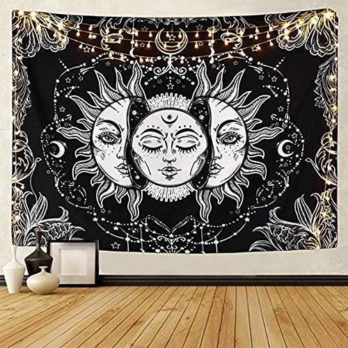 LOMOHOO Wandtuch Tarot Wandteppich,Sonne und Mond Wandtuch,Wandteppich Aesthetic,Psychedelische Tapisserie Schwarz und Weiß Wandbehang Bohemien Mandala Wandtuch Strand Werfen 148x200cm