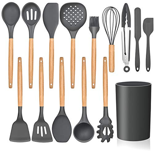 LIANYU 15-Piece Kitchen Silicone Cooking Utensils Set with Holder, Wooden Handle Kitchen Tools Include Spatula Tong Slotted Spoon Turner Whisk Brush, Black Gray