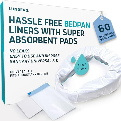Lunderg Bedpan Liners with Super Absorbent Pads - Value Pack 60 Count - Medical Grade & Universal Fit - Bed Pans for Females, Elderly Men and Women - Make Life so Much Easier