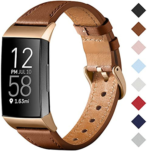 CeMiKa Armband Kompatibel mit Fitbit Charge 3/4 - Lederersatzband für Charge 3 und 4 Tracker, Braun/Roségold