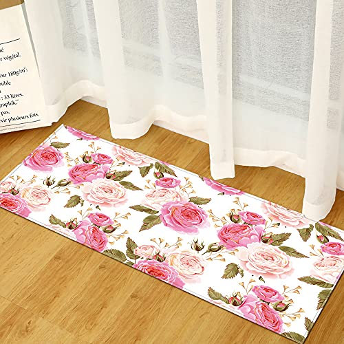 Morbuy Personalisierte Fußmatte Rutschfester Türvorleger mit 3D Pflanzendruck, Schmutzfangmatte Waschbar Fussmatte Innen Badteppiche (40x60cm,Rose)