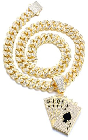 HALUKAKAH 18K Real Gold Plated Pendant Necklace Set for Men - Over 1000 Diamonds - Cuban Link Chain - Clustered Diamonds Poker Pendant - Hip Hop Style - Complete with Giftbox