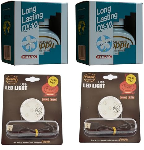 Gracemate Poppy Air Freshener Jasmin x 2 and 2 x RED Led Light Base with USB & Micro USB Fittings - with FREE NEXT DAY UK DELIVERY