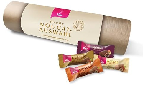 Viba Große Nougat-Auswahl 400 g – Rollenpräsent mit 40 Nougatminis – Geschenkbox mit Classic, Royal, Krokant & Noir Nougat