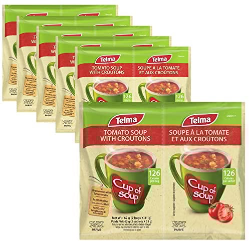 Telma Tomato Soup with Croutons – 6 Pack (12 Sachets x 31 grams) – Instant Cup of Soup – 126 Calories – No Preservatives – Kosher Parve – Quick Easy Snack or Meal – Rich Flavour Soup