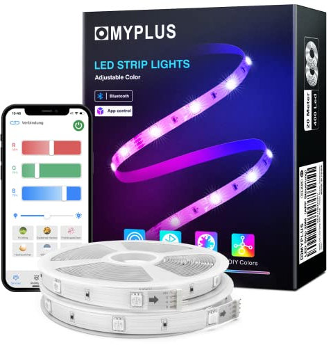 MYPLUS LED Strip 20m, Bluetooth RGB Led Streifen mit Farbwechsel und Musik Sync, Steuerbar via App-steuerung, Farbwechsel LED Leiste für Zuhause, Küche, Schlafzimmer, Szenenmodus…